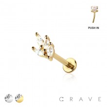 CZ LEAVES (OLIVE LEAF) THREADLESS (PUSH IN) 316L SURGICAL STEEL LABRET SET